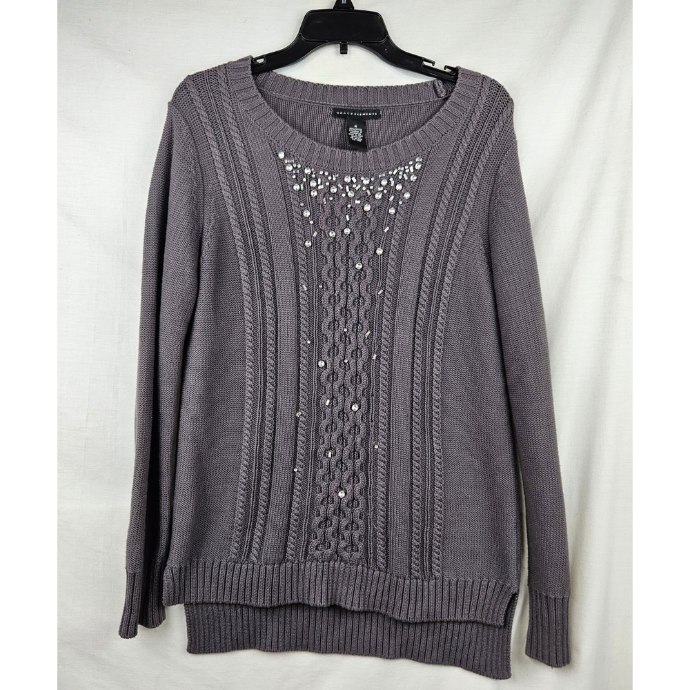 Grace Elements Cable Knit Rhinestone Embellished Cotton Sweater‎ Womens M